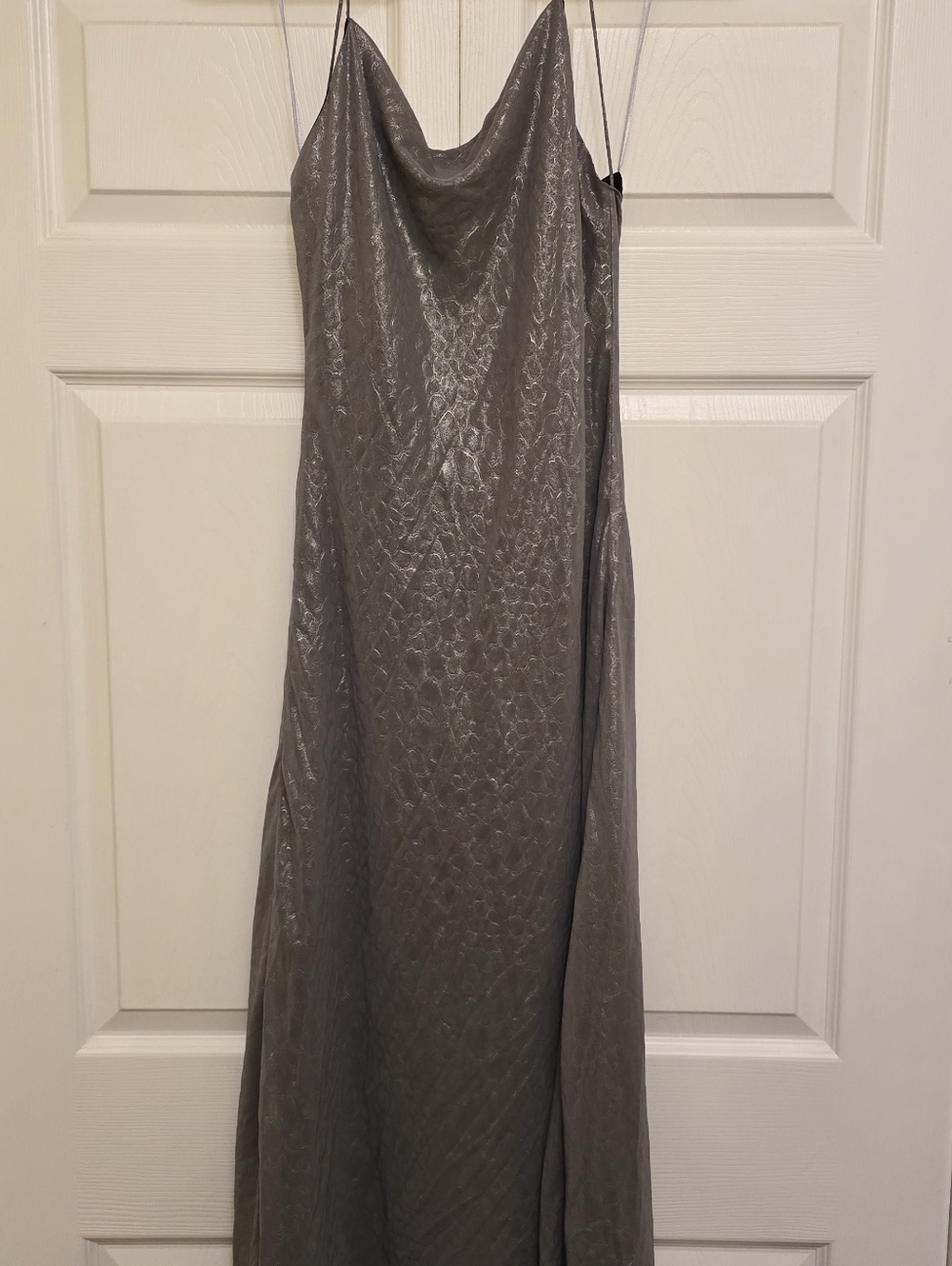Satin Cowl Neck Spaghetti Strap Maxi Dress - Silver/Gray - L